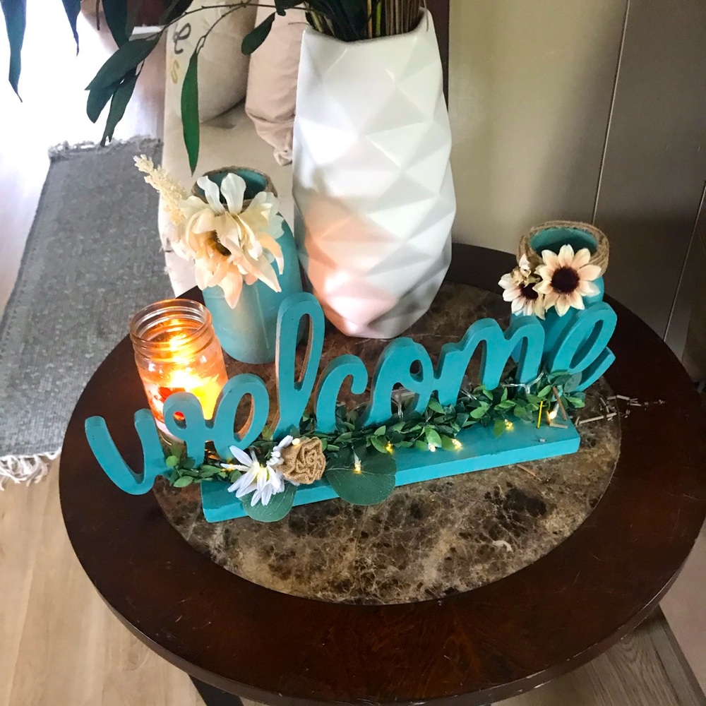 Decorative Handmade Wooden Lighted Welcome Sign with Matching Mason Jars